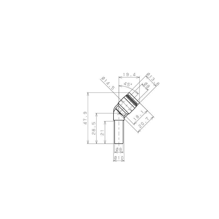 Bản vẽ kỹ thuật Đầu Nối Nhanh Khí Nén Giữa Ống Khí Và Fitting Dạng Cong 45° Pisco PLHJ8-UC