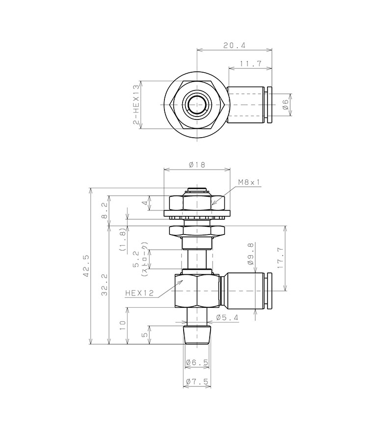 Bản vẽ kỹ thuật Bộ Nấm Hút Chân Không Và Giá Đỡ, Cao Su Nitrile - NBR, O.D 20 mm, Pisco VPHD20-5LN-6J