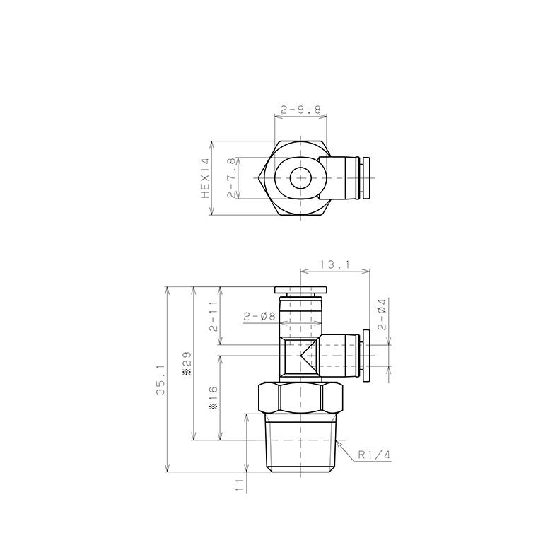 Bản vẽ kỹ thuật Đầu Nối Nhanh Khí Nén Dạng Chữ T Ren Ngoài Pisco PD4-02MW