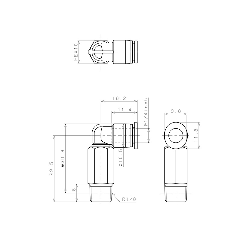 Bản vẽ kỹ thuật Đầu Nối Nhanh Khí Nén Dạng Cong 90° Ren Ngoài (Dài) Pisco PLL1/4-01M
