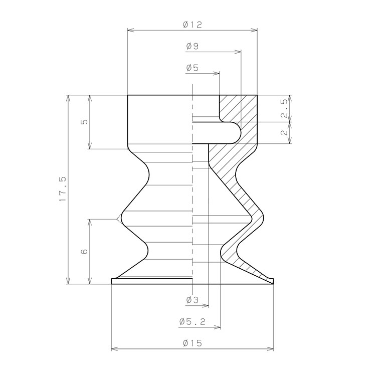 Bản vẽ kỹ thuật Đầu Nấm Hút Chân Không Dạng Lò Xo, Cao Su EPDM, O.D 15 mm, Pisco VP15LBEP