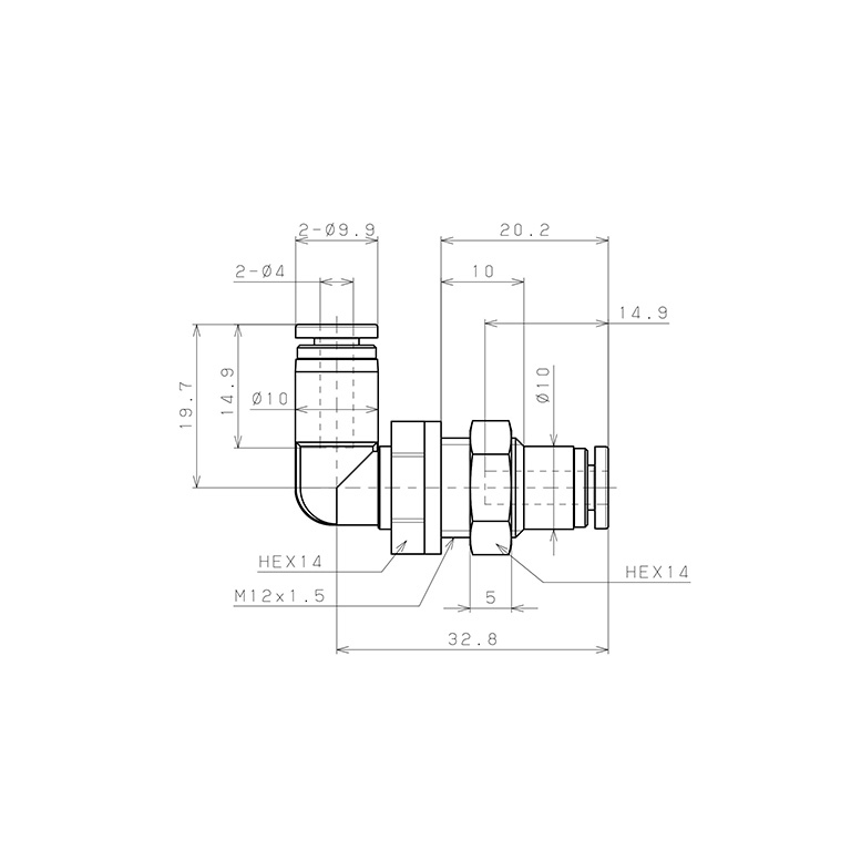 Bản vẽ kỹ thuật Đầu Nối Nhanh Khí Nén Cong 90° Ren Ngoài Lắp Kẹp Vách Pisco SPML4-UC