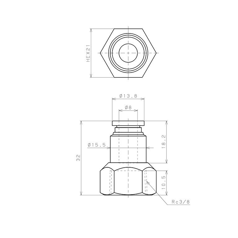 Bản vẽ kỹ thuật Đầu Nối Nhanh Khí Nén Dạng Thẳng Ren Trong Pisco SPCF8-03