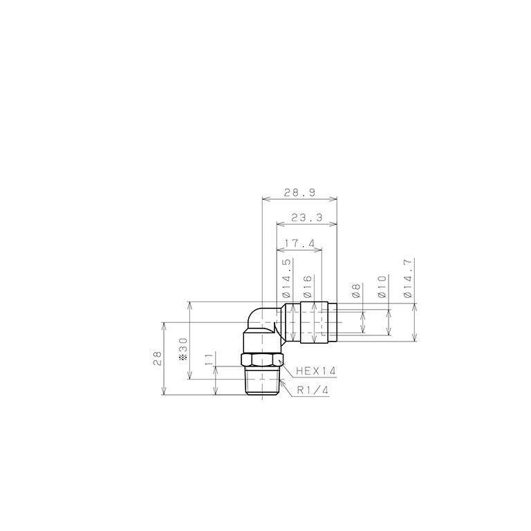 Bản vẽ kỹ thuật Đầu Nối Nhanh Khí Nén Dạng Cong 90° Ren Ngoài Pisco PL8-02V-0