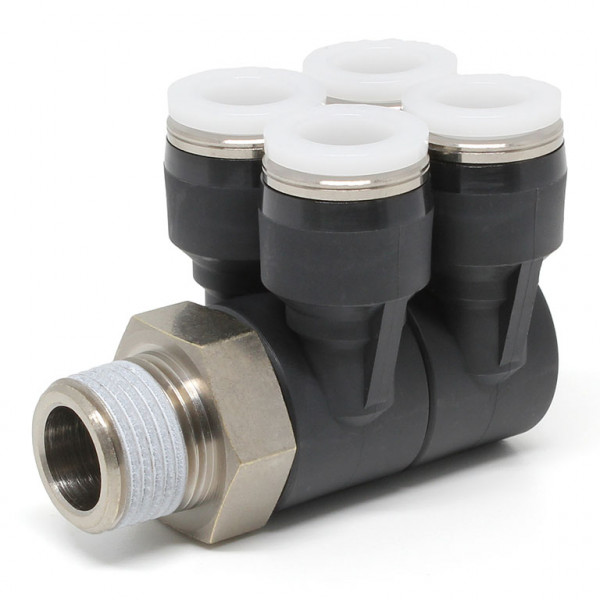 Đầu Nối Nhanh Khí Nén Bốn Nhánh Cong 90° Thân Lục Giác Trụ Ren Ngoài Pisco PAW3/8-03
