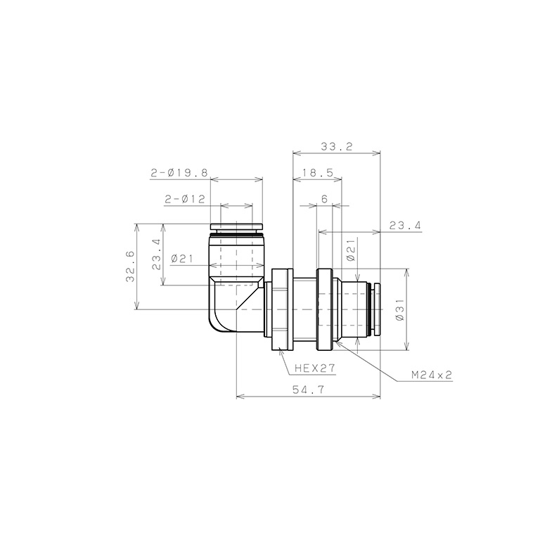 Bản vẽ kỹ thuật Đầu Nối Nhanh Khí Nén Cong 90° Ren Ngoài Lắp Kẹp Vách Pisco PML12