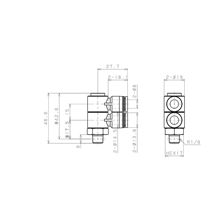 Bản vẽ kỹ thuật Đầu Nối Nhanh Khí Nén Hai Nhánh Cong 90° Thân Lục Giác Trụ Ren Ngoài Pisco PHW8-01
