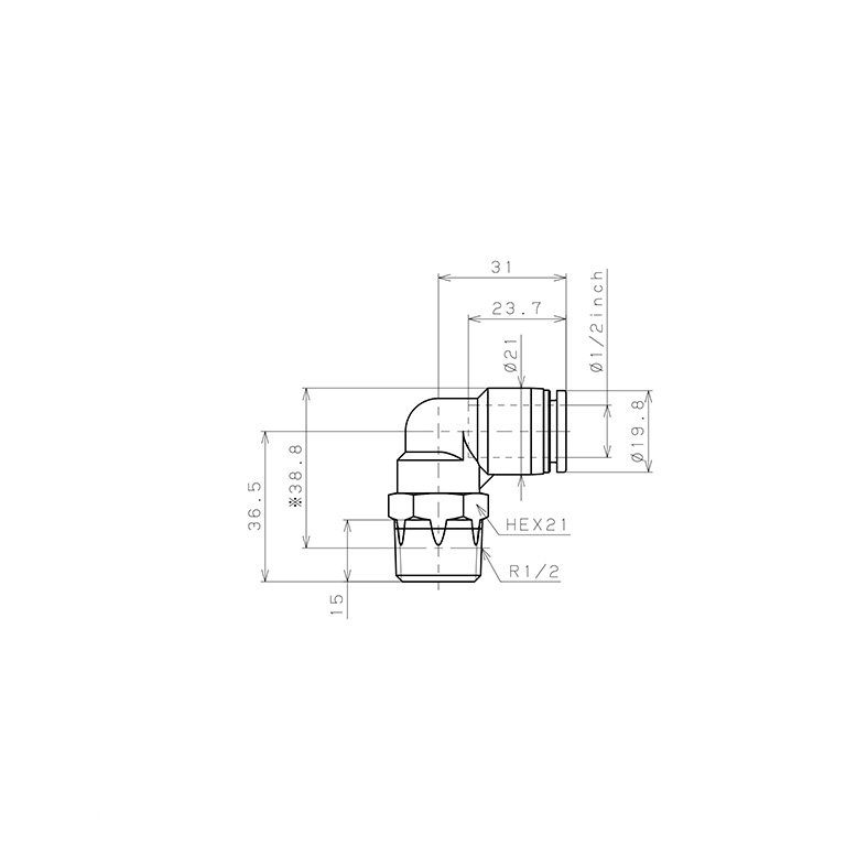 Bản vẽ kỹ thuật Đầu Nối Nhanh Khí Nén Dạng Cong 90° Ren Ngoài Pisco PL1/2-04