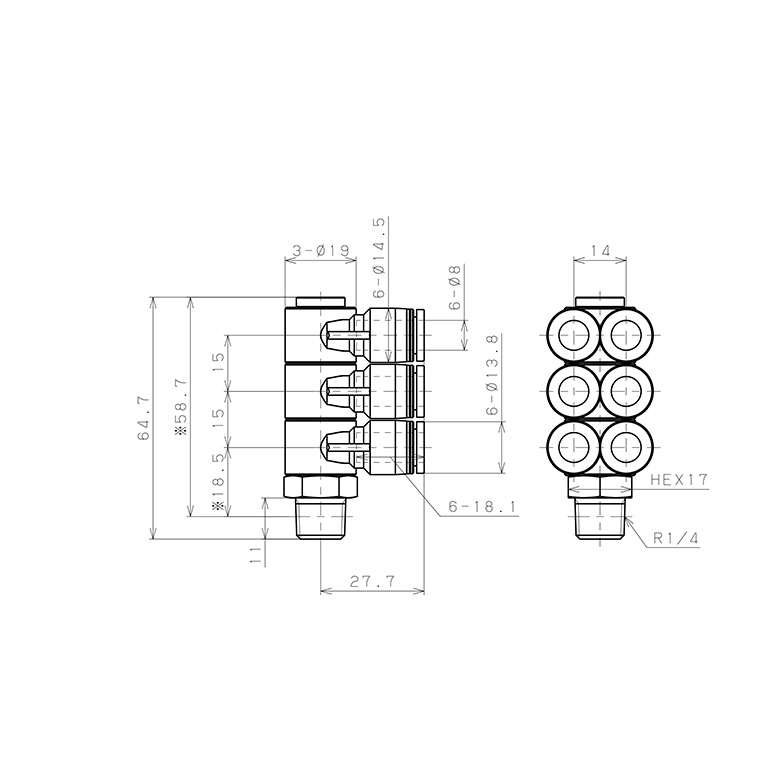 Bản vẽ kỹ thuật Đầu Nối Nhanh Khí Nén Sáu Nhánh Cong 90° Thân Lục Giác Trụ Ren Ngoài Pisco PAT8-02W