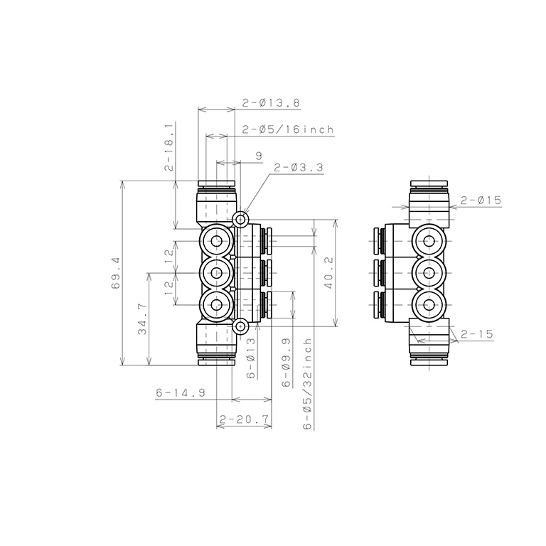Bản vẽ kỹ thuật Đầu Nối Nhanh Khí Nén Chữ T 8 Ngã Dạng Nối Giảm Pisco PKVG5/16-5/32-C