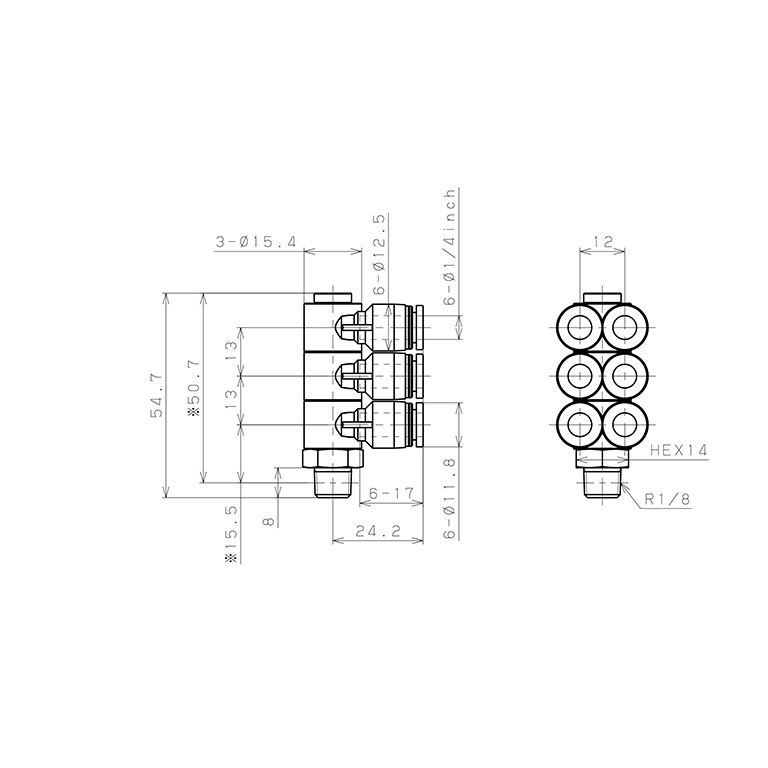 Bản vẽ kỹ thuật Đầu Nối Nhanh Khí Nén Sáu Nhánh Cong 90° Thân Lục Giác Trụ Ren Ngoài Pisco PAT1/4-01