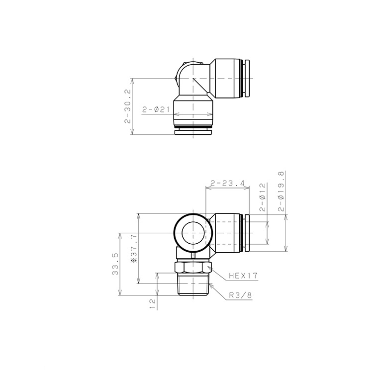 Bản vẽ kỹ thuật Đầu Nối Nhanh Khí Nén Hai Nhánh Chạc Ba Cong 90° Ren Ngoài Pisco PVX12-03W