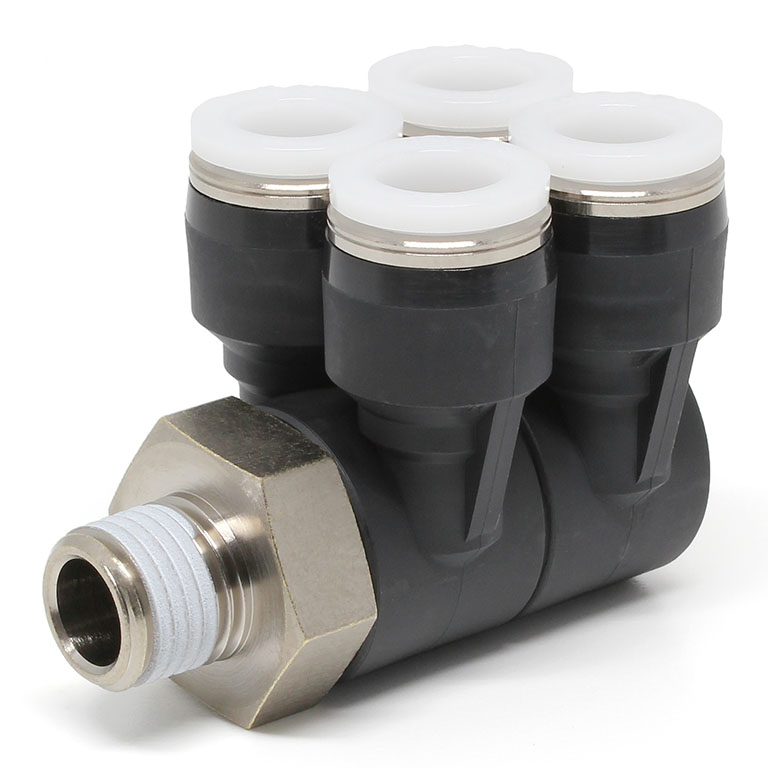 Đầu Nối Nhanh Khí Nén Bốn Nhánh Cong 90° Thân Lục Giác Trụ Ren Ngoài Pisco PAW3/8-N2U