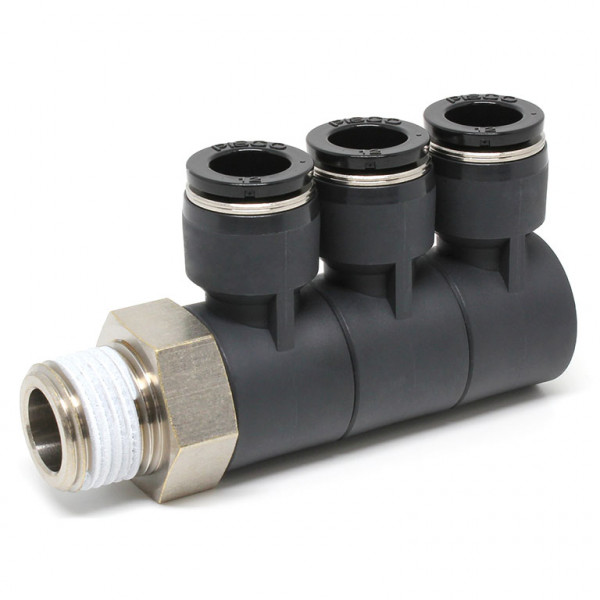 Đầu Nối Nhanh Khí Nén Ba Nhánh Cong 90° Thân Lục Giác Trụ Ren Ngoài Pisco PHT12-04-C