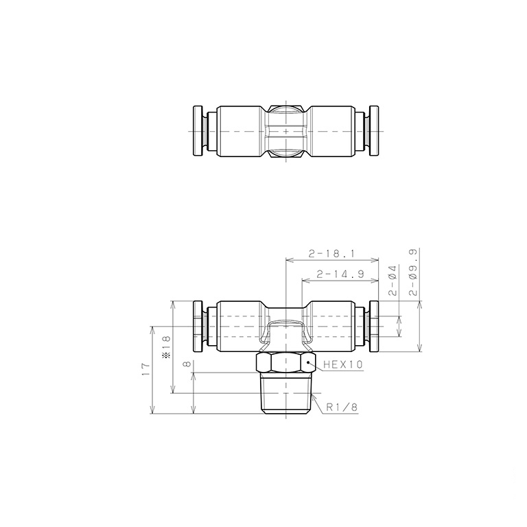 Bản vẽ kỹ thuật Đầu Nối Nhanh Khí Nén Dạng Chữ T Ren Ngoài Pisco SSPB4-01-X-TP
