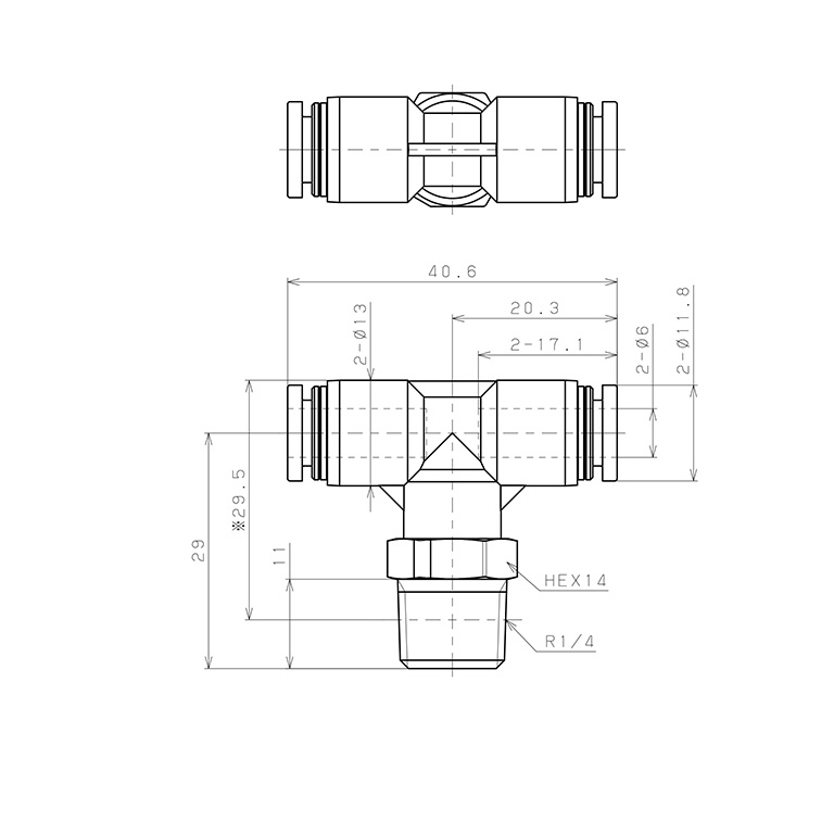 Bản vẽ kỹ thuật Đầu Nối Nhanh Khí Nén Dạng Chữ T Ren Ngoài Pisco PPB6-02-C