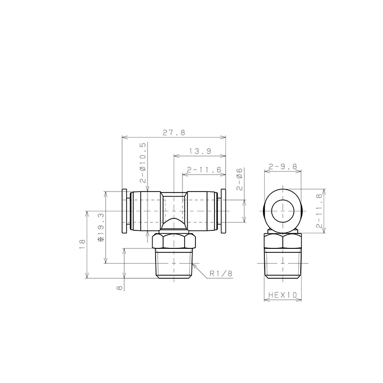 Bản vẽ kỹ thuật Đầu Nối Nhanh Khí Nén Dạng Chữ T Ren Ngoài Pisco PB6-01M