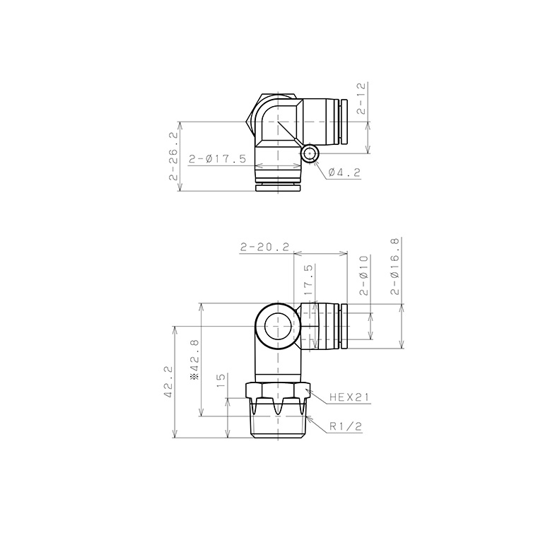 Bản vẽ kỹ thuật Đầu Nối Nhanh Khí Nén Hai Nhánh Chạc Ba Cong 90° Ren Ngoài Pisco SPVX10-04