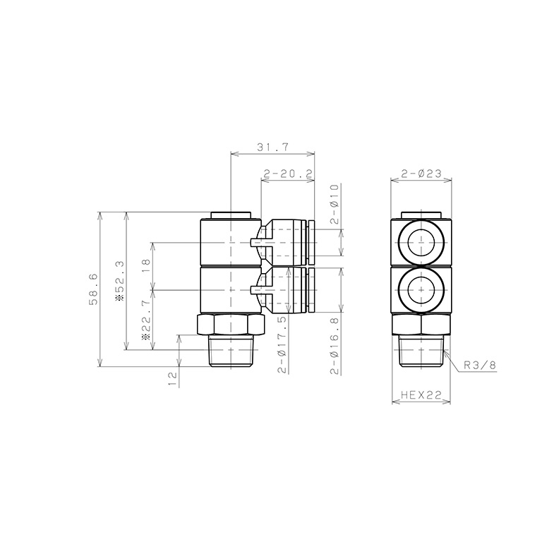 Bản vẽ kỹ thuật Đầu Nối Nhanh Khí Nén Hai Nhánh Cong 90° Thân Lục Giác Trụ Ren Ngoài Pisco SPHW10-03