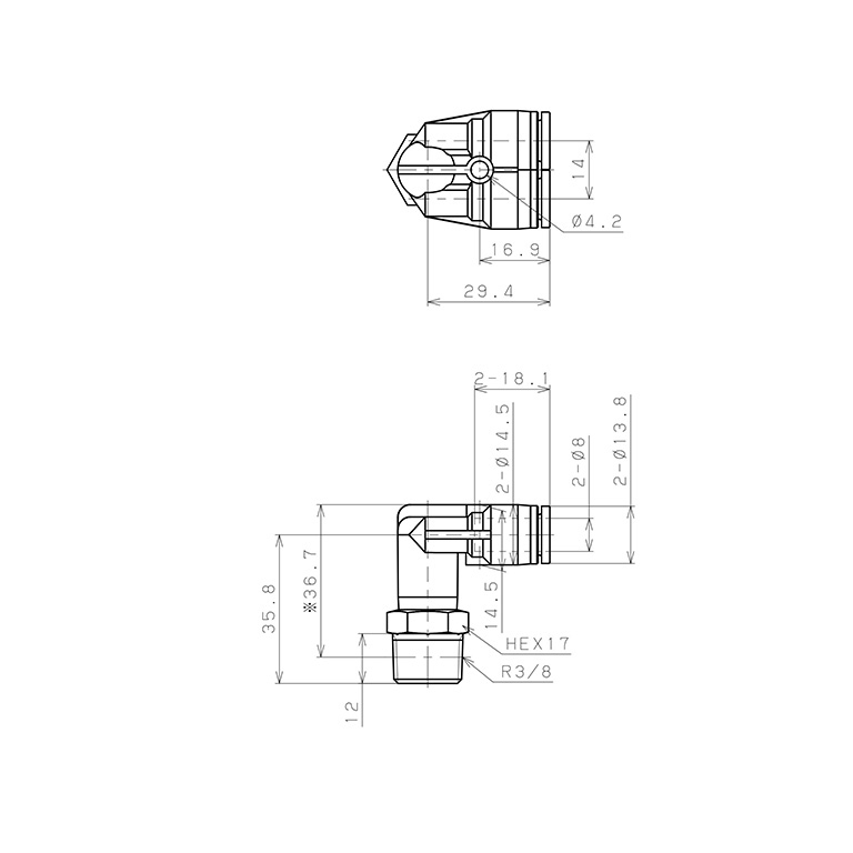 Bản vẽ kỹ thuật Đầu Nối Nhanh Khí Nén Hai Nhánh Cong 90° Ren Ngoài Pisco SPAX8-03