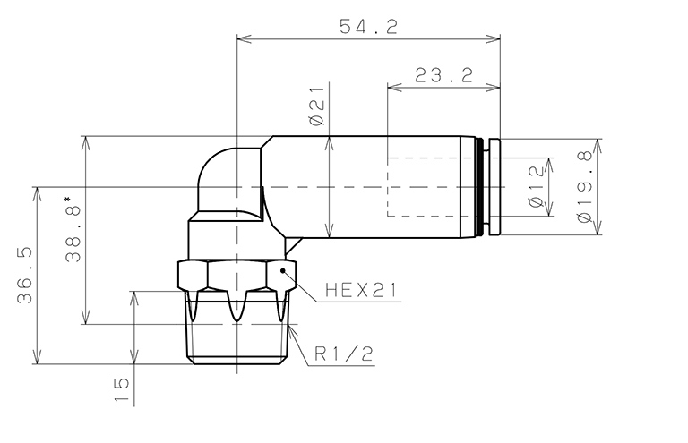 Bản vẽ kỹ thuật Đầu Nối Nhanh Khí Nén Dạng Cong 90° Ren Ngoài Có Van Tự Ngắt Pisco PSL12-04