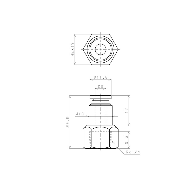 Bản vẽ kỹ thuật Đầu Nối Nhanh Khí Nén Dạng Thẳng Ren Trong Pisco SPCF6-02