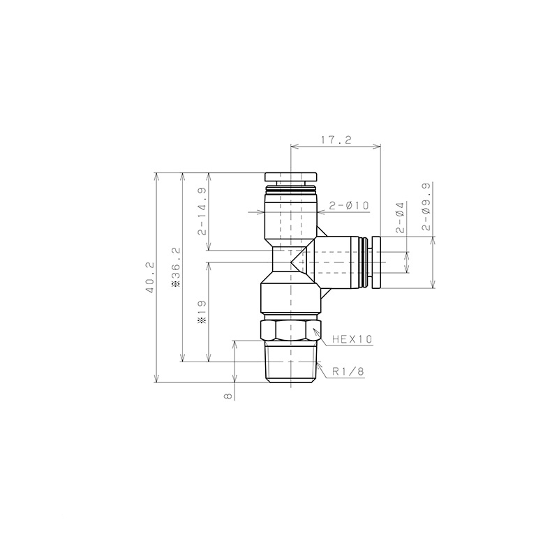 Bản vẽ kỹ thuật Đầu Nối Nhanh Khí Nén Dạng Chữ T Ren Ngoài Pisco PD4-01W