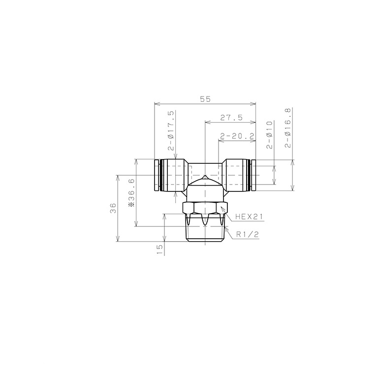 Bản vẽ kỹ thuật Đầu Nối Nhanh Khí Nén Dạng Chữ T Ren Ngoài Pisco PB10-04-C