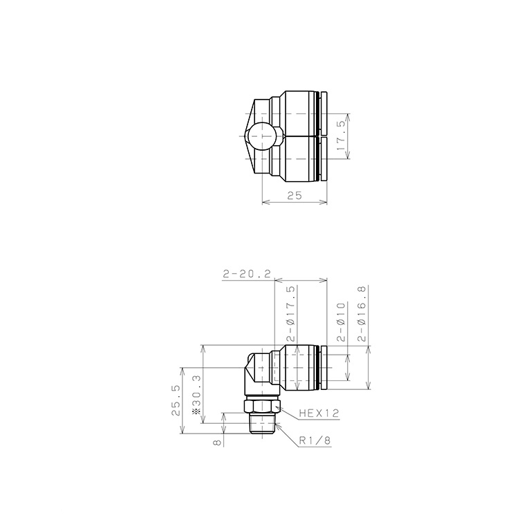 Bản vẽ kỹ thuật Đầu Nối Nhanh Khí Nén Hai Nhánh Cong 90° Ren Ngoài Pisco PAX10-01-C