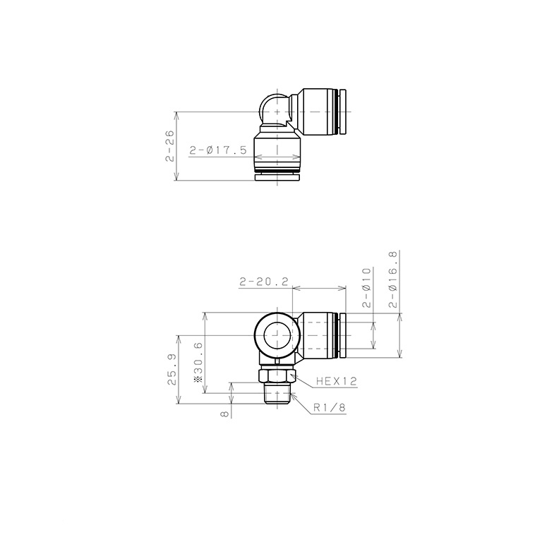 Bản vẽ kỹ thuật Đầu Nối Nhanh Khí Nén Hai Nhánh Chạc Ba Cong 90° Ren Ngoài Pisco PVX10-01W