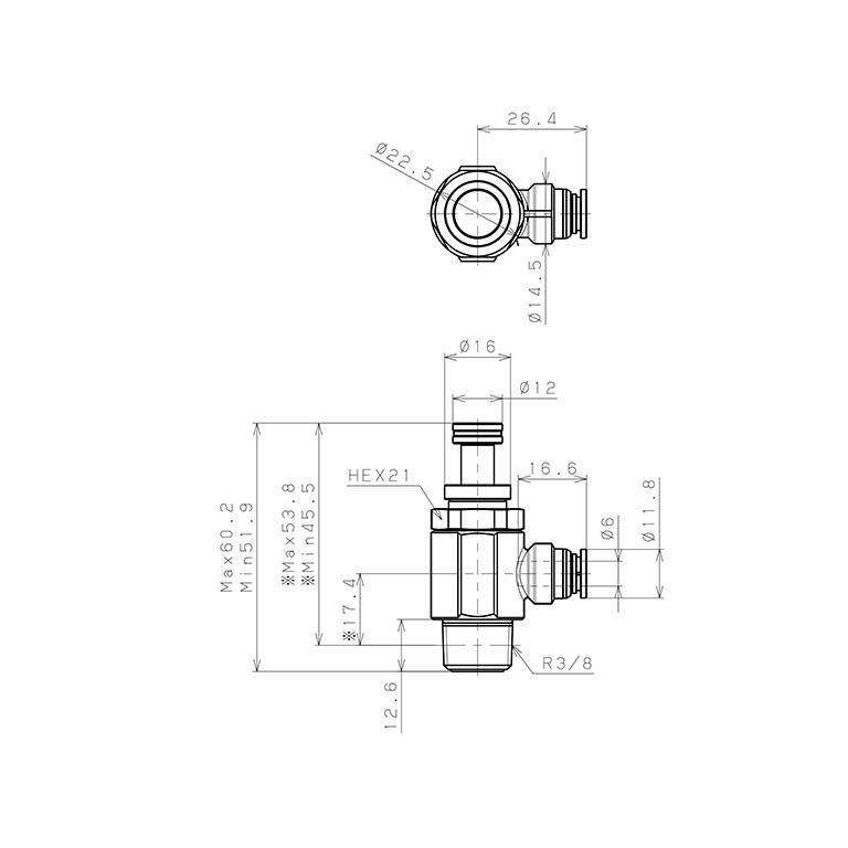 Bản vẽ kỹ thuật Van Tiết Lưu Khí Nén Chân Kim, Đồng Mạ Niken Pisco KJNC6-03-1