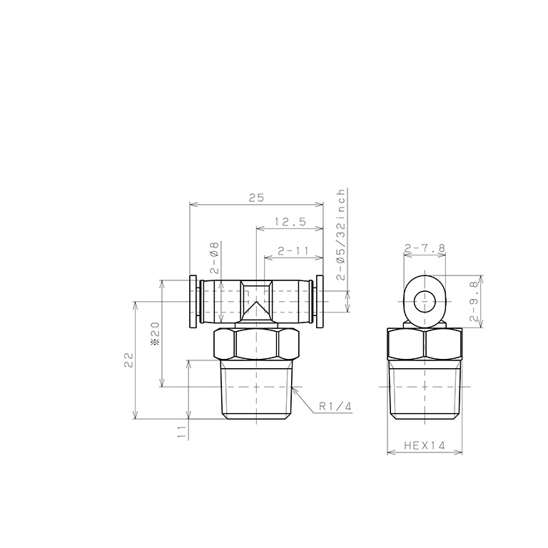 Bản vẽ kỹ thuật Đầu Nối Nhanh Khí Nén Dạng Chữ T Ren Ngoài Pisco PB5/32-02M