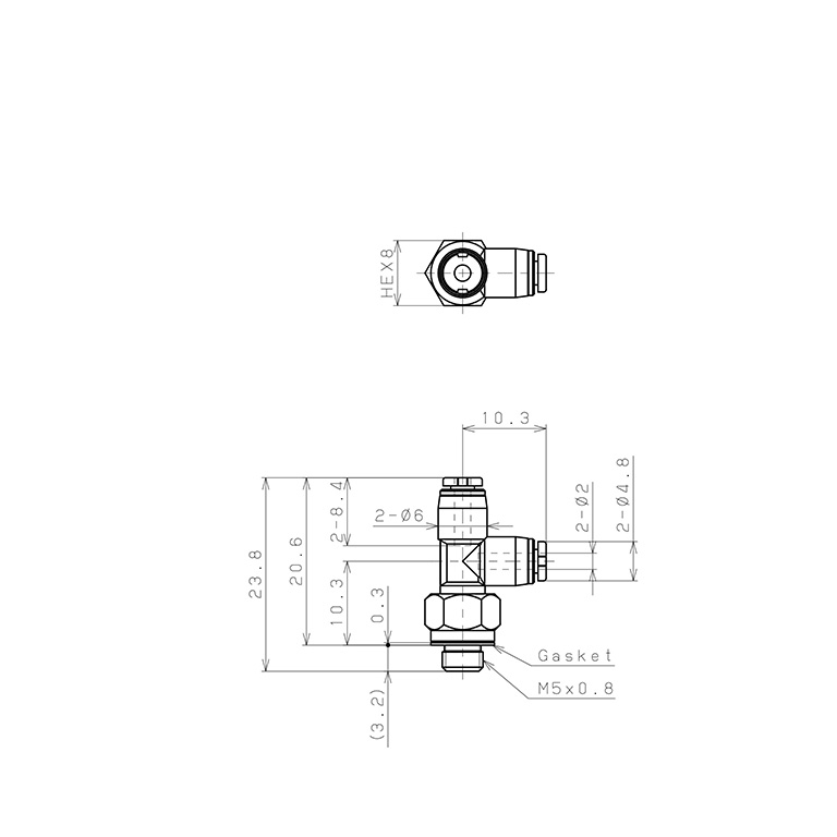 Bản vẽ kỹ thuật Đầu Nối Nhanh Khí Nén Dạng Chữ T Ren Ngoài Pisco PD2-M5MW-C