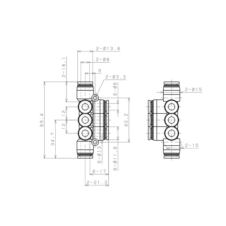 Bản vẽ kỹ thuật Đầu Nối Nhanh Khí Nén Chữ T 8 Ngã Dạng Nối Giảm Pisco PKVG8-6W