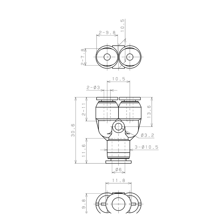 Bản vẽ kỹ thuật Đầu Nối Nhanh Khí Nén Chữ Y Dạng Nối Giảm Pisco PW6-3M-C
