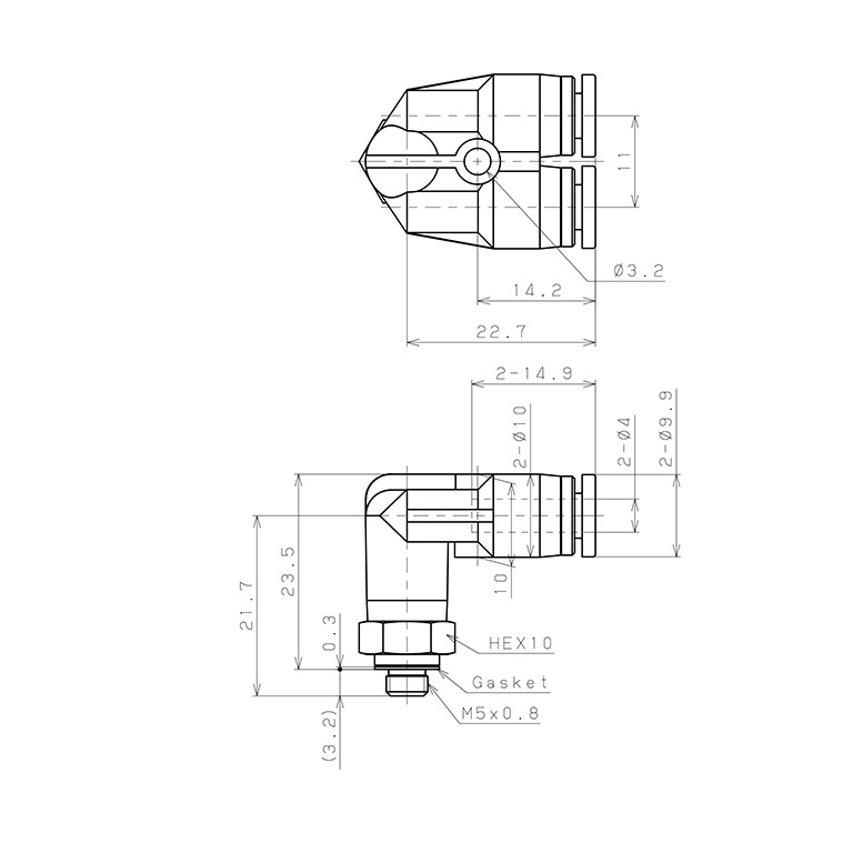 Bản vẽ kỹ thuật Đầu Nối Nhanh Khí Nén Hai Nhánh Cong 90° Ren Ngoài Pisco SPAX4-M5