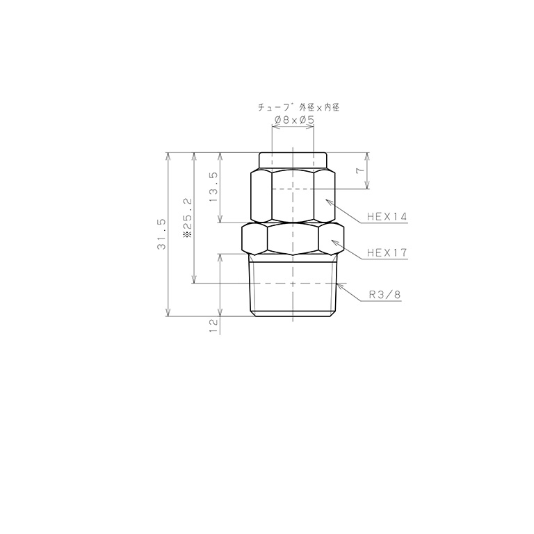 Bản vẽ kỹ thuật Đầu Ngạnh Nối Ống Có Đai Ốc Xiết Dạng Thẳng Thân Lục Giác Ren Ngoài Pisco NSC0850-03-TP