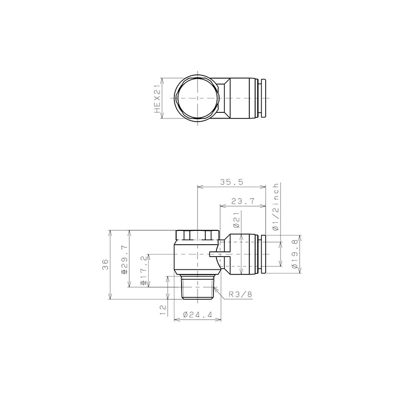 Bản vẽ kỹ thuật Đầu Nối Nhanh Khí Nén Cong 90° Đầu Lục Giác Trụ Ren Ngoài Pisco PH1/2-03