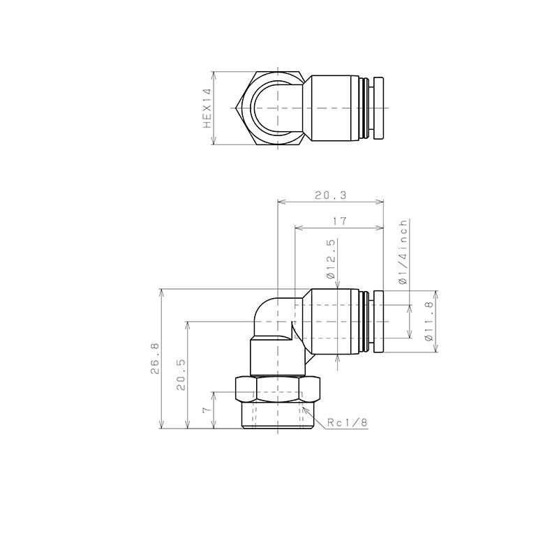 Bản vẽ kỹ thuật Đầu Nối Nhanh Khí Nén Dạng Cong 90° Ren Trong Pisco PLF1/4-01-C