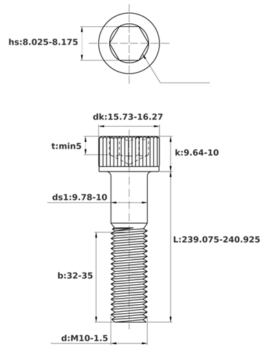 Bản vẽ kỹ thuật Lục Giác Chìm Đầu Trụ Thép Đen 12.9 DIN912 M10x240 Ren Lửng