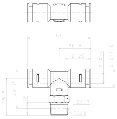 Bản vẽ kỹ thuật Đầu Nối Nhanh Khí Nén Dạng Chữ T Ren Ngoài Pisco APB10-03-N