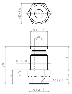 Bản vẽ kỹ thuật Đầu Nối Nhanh Khí Nén Thẳng Phi 6mm Ren Trong R1/8 Pisco PCF6-01