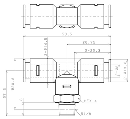 Bản vẽ kỹ thuật Đầu Nối Nhanh Khí Nén Dạng Chữ T Ren Ngoài Pisco APB8-01-N-C