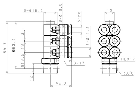 Bản vẽ kỹ thuật Đầu Nối Nhanh Khí Nén Sáu Nhánh Cong 90° Thân Lục Giác Trụ Ren Ngoài Pisco PAT6-03