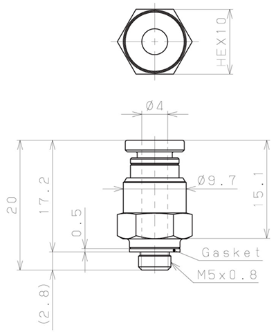 Bản vẽ kỹ thuật Đầu Nối Nhanh Khí Nén Dạng Thẳng Thân Lục Giác Ren Ngoài Pisco KC4-M5-1-F