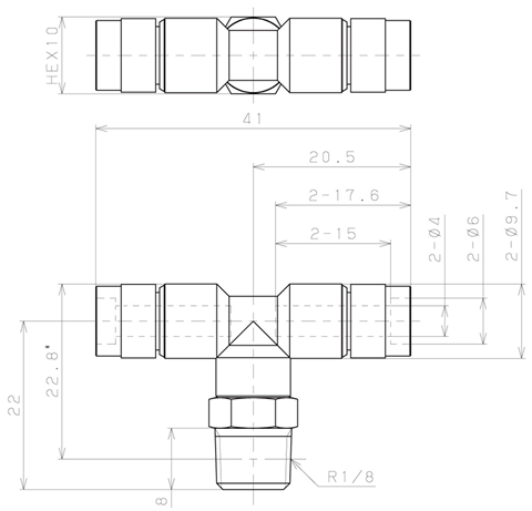 Bản vẽ kỹ thuật Đầu Nối Nhanh Khí Nén Dạng Chữ T Ren Ngoài Pisco KB4-01