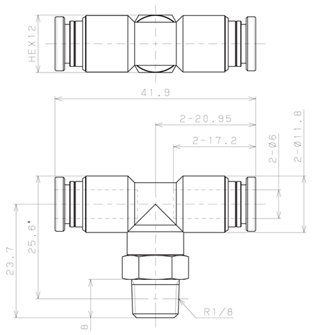 Bản vẽ kỹ thuật Đầu Nối Nhanh Khí Nén Dạng Chữ T Ren Ngoài Pisco KB6-01-1