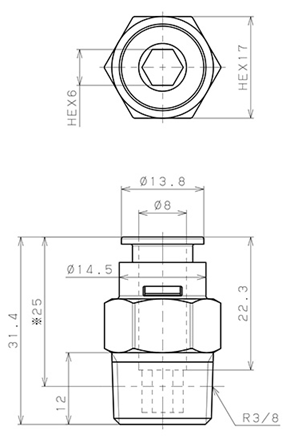 Bản vẽ kỹ thuật Đầu Nối Nhanh Khí Nén Dạng Thẳng Thân Lục Giác Ren Ngoài Pisco APC8-03-N