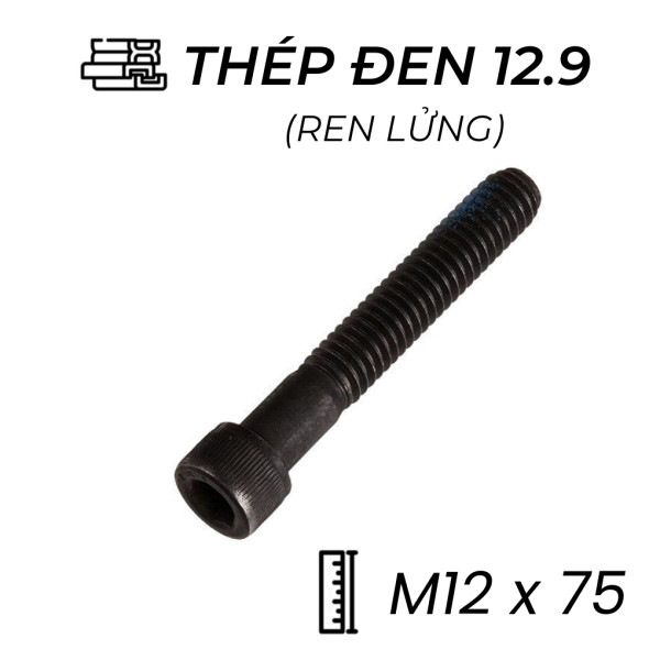 Lục Giác Chìm Đầu Trụ Thép Đen 12.9 DIN912 M12x75 Ren Lửng