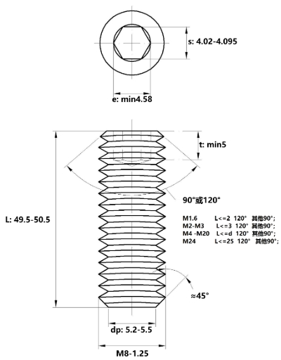 Bản vẽ kỹ thuật Vít Trí Đuôi Bằng Thép Đen 10.9 DIN913 M8x50